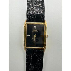 Vintage Jaques Prevard Tank Watch Women Gold Black Embossed Leather Band 8.5"